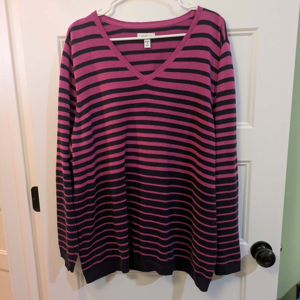 🔴 3/$15 Pink and Black Striped V-Neck Sweater